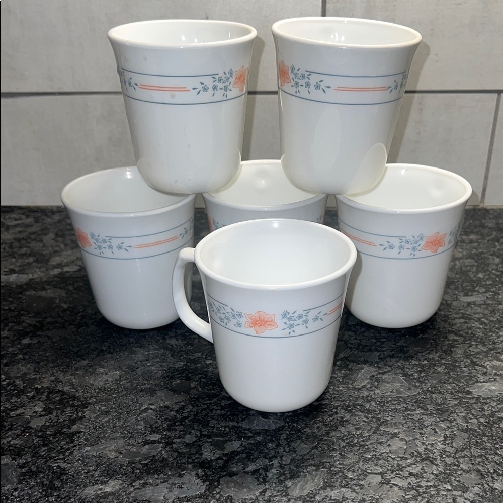Set of 6 Corning /Corelle Apricot Grove Floral Patterned White and Orange Mugs